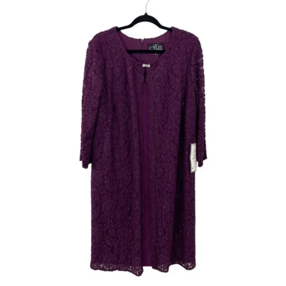 NEW Alex Evenings Purple One‎ Piece Lace Jacket 3/4 Sleeve Cocktail Dress 14 - Picture 2 of 11